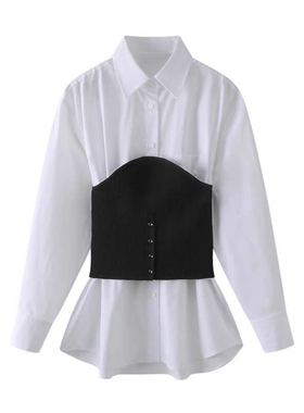 E233 春新款百搭休闲黑色针织收腰翻领衬衫两件套上衣女0.36