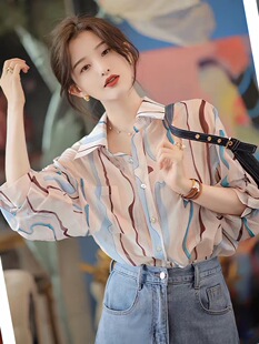 B522夏季女装薄款纯mian衬衫女高级感宽松版波纹条纹女