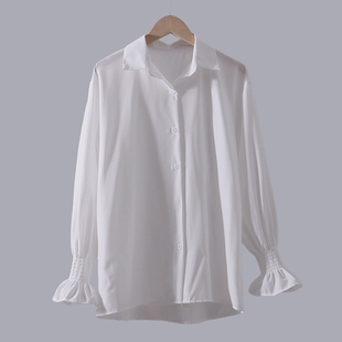 翻领喇叭袖 新款 气质上衣宽松单排扣外穿内搭衬衣女A203 时尚 衬衫