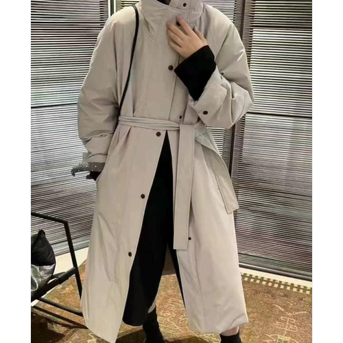 E713系带收腰立领羽绒服外套女冬季宽松显瘦休闲高领风衣加厚大衣