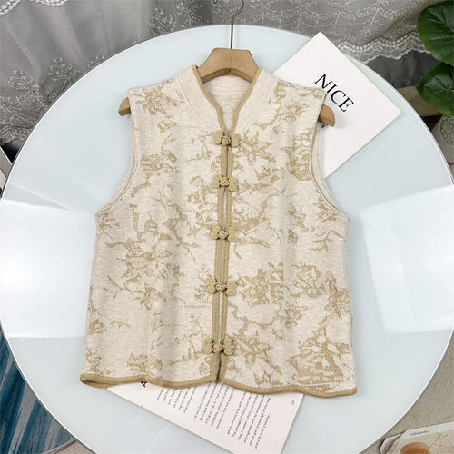 B133好美的国风调调 春装新中式立领盘扣提花无袖针织马甲女上衣