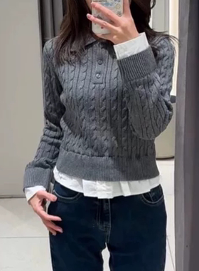 A313秋冬新款女装休闲学院拼接假两件短款针织衫