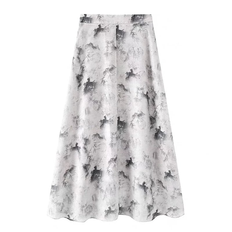 C422新款时尚百搭休闲宽松显瘦高腰印花半身裙女