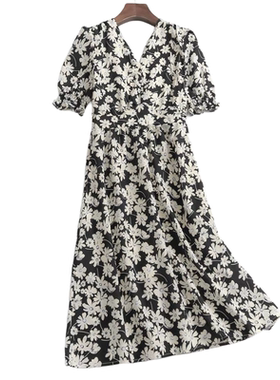 C532 法式连衣裙短袖V领春夏新款显瘦女花色长款过膝长裙0.24