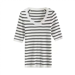 女修身 C644 针织衫 撞色圆领短袖 显瘦冰丝打底上衣 新款