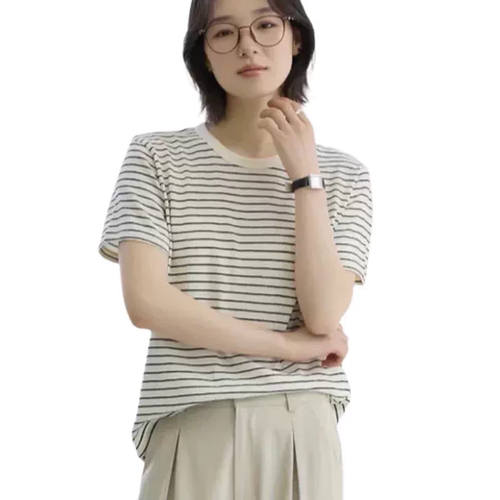 B002清仓夏季圆领洋气减龄显瘦百搭条纹短袖T恤上衣