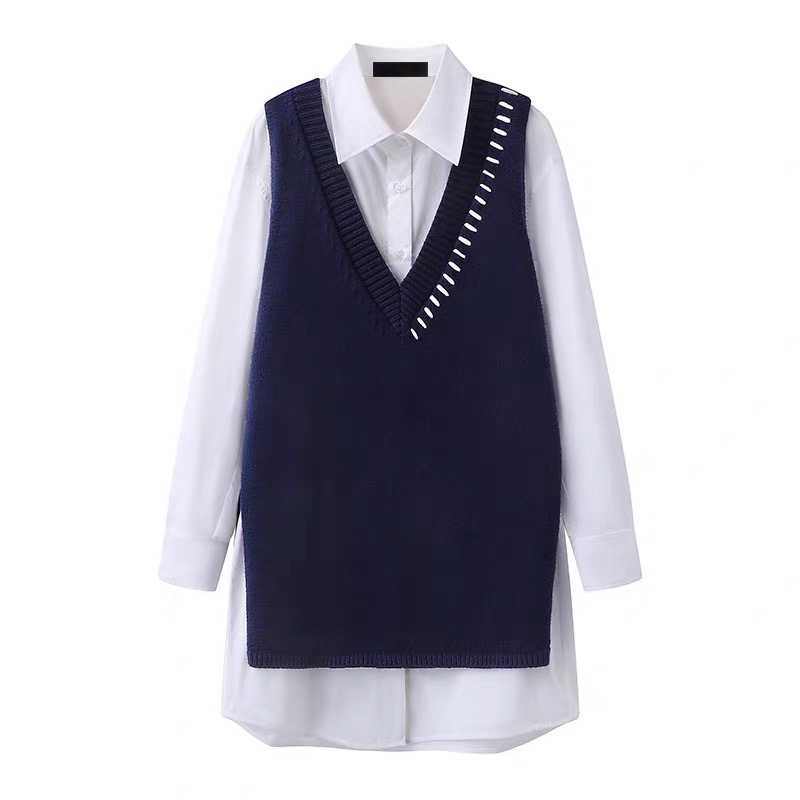 C563套装 淑女设计感法式中长款衬衫撞色马甲连衣裙两件套