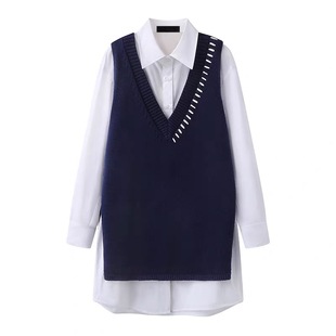 衬衫 中长款 撞色马甲连衣裙两件套 淑女设计感法式 C563套装