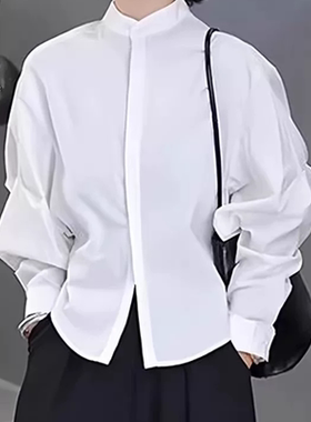 B432秋季法式气质立领长袖衬衫新款女宽松设计感休闲棉衬衫