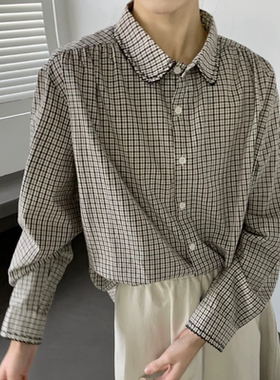 B903格子衬衫女宽松百搭小清新文艺花线娃娃领翻领长袖衬衣7902