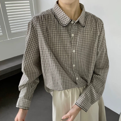 B903格子衬衫女宽松百搭小清新文艺花线娃娃领翻领长袖衬衣7902