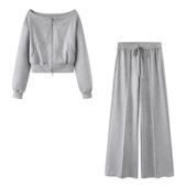 套装 B742春一字领拉链卫衣开衫 外套女休闲裤