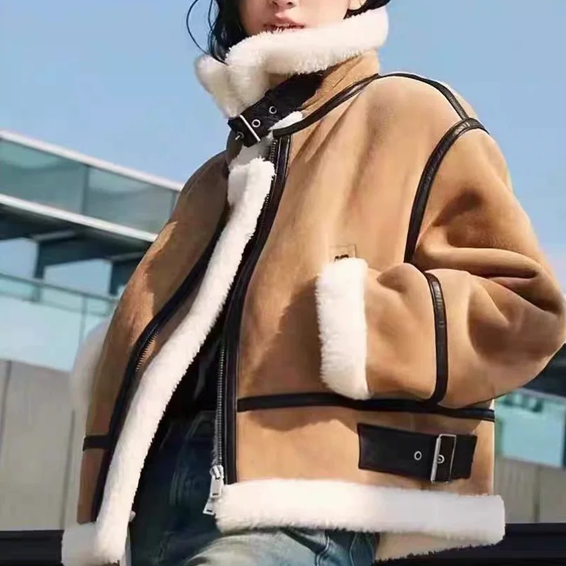 A452冬季新款时尚百搭翻领宽松拼接皮毛一体机车外套女,女装/女士精品,短外套,淘宝优惠券,粉丝福利购,淘宝优惠卷