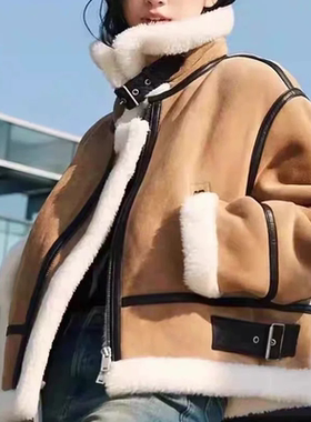 A452冬季新款时尚百搭翻领宽松拼接皮毛一体机车外套女