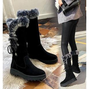 保暖棉鞋 新款 加绒厚底女靴中筒靴 真兔毛防滑雪地靴2025冬季 撤柜款