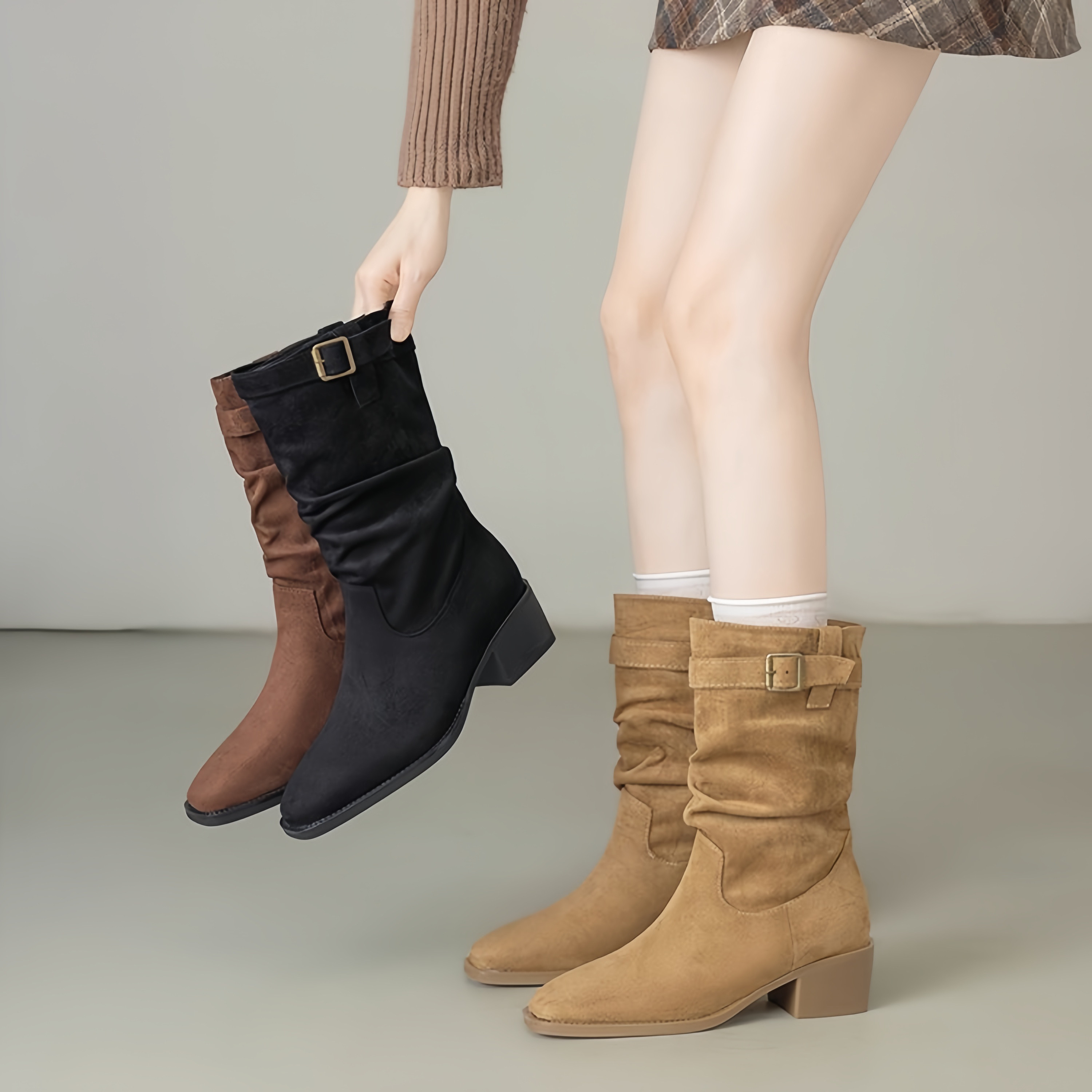 中筒粗跟骑士靴秋冬新款真皮尖头堆堆靴女防滑舒适短靴加绒瘦瘦靴,女鞋,时装靴,淘宝优惠券,粉丝福利购,淘宝优惠卷