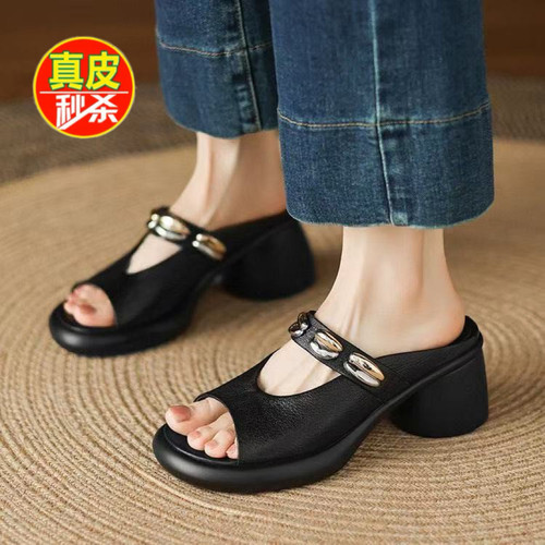 撤柜特价厚底粗跟凉鞋女露趾一字带真皮拖鞋女夏季外穿高跟凉拖鞋