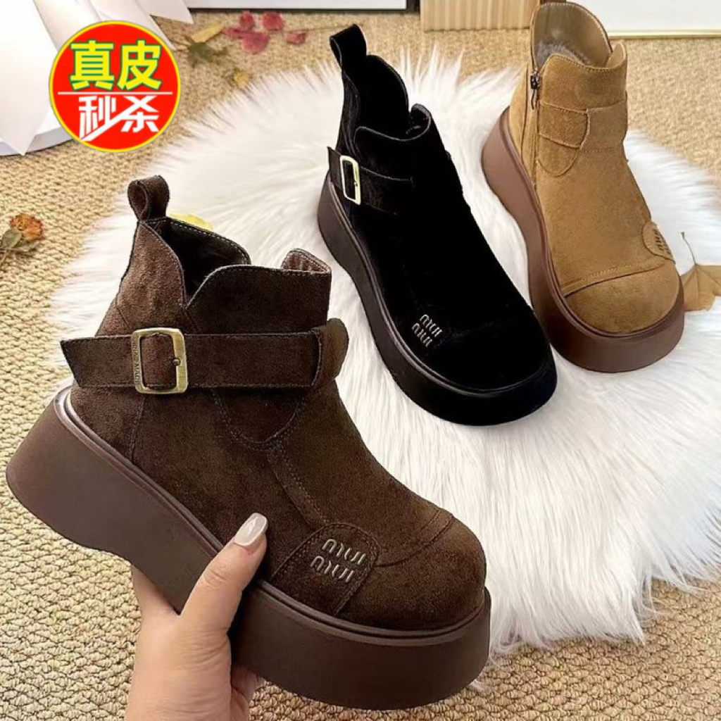撤柜款厚底棉靴增高复古雪地短靴女冬季新款加绒软底防滑勃肯棉鞋