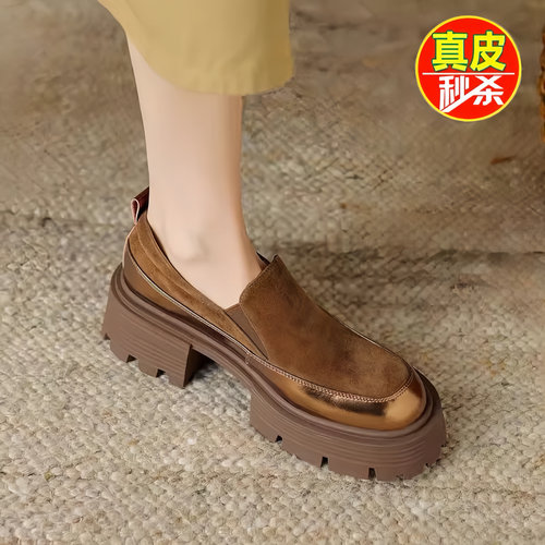 品牌折扣真皮乐福鞋女2026春秋新款圆头粗跟复古小皮鞋松糕底单鞋