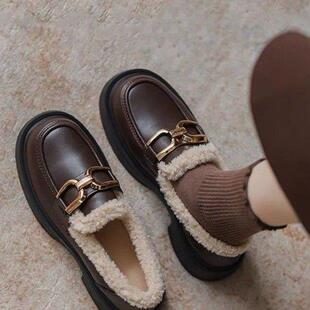 撤柜款粗跟厚底小皮鞋女2026秋冬新款复古乐福鞋真皮加绒保暖棉鞋