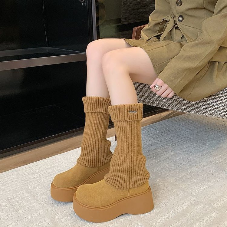 网红爆款增高厚底中筒雪地靴子女2025新款秋冬配裙子加绒弹力袜靴