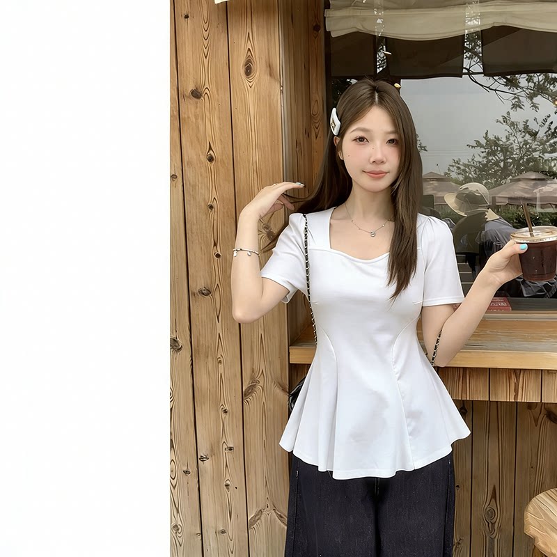 200斤胖mm遮肉显瘦收腰大码女装夏季荷叶边上衣方领正肩短袖t恤女