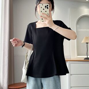 胖mm设计感大码打底衫蓬蓬荷叶边女装方领上衣正肩短袖T恤夏新款