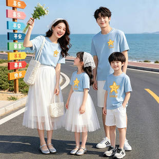 时尚度假亲子装夏季网纱裙甜美母女装仙女裙短袖半身纱裙家庭套装