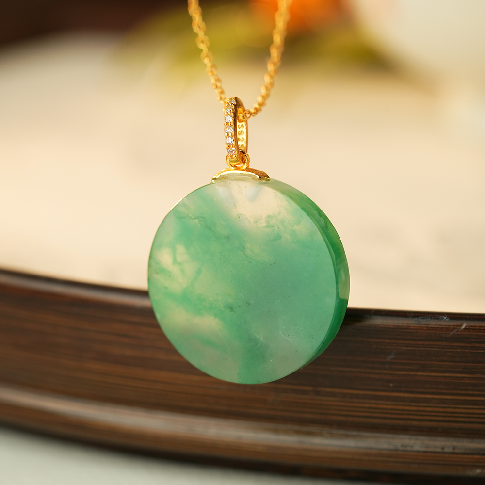 非洲翠S925银冰飘花无事牌吊坠