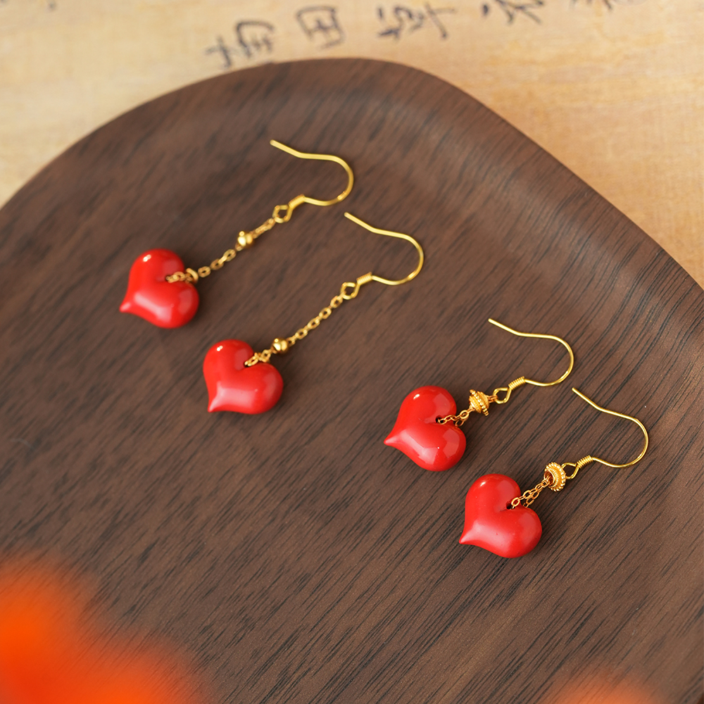 朱砂爱心耳钩屁桃女国风新款