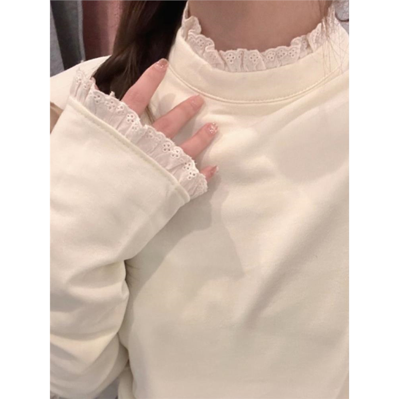 蕾丝花边半高领德绒打底衫女2025新款秋冬加绒白色木耳边内搭上衣