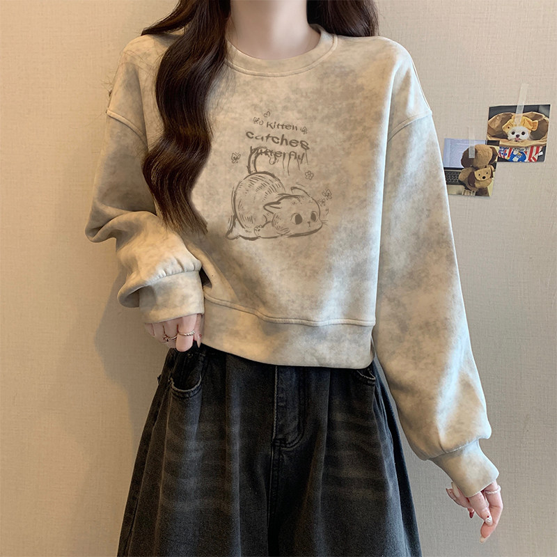 美式学院风扎染卫衣女无帽秋冬款加绒加厚宽松小个子短款洋气上衣