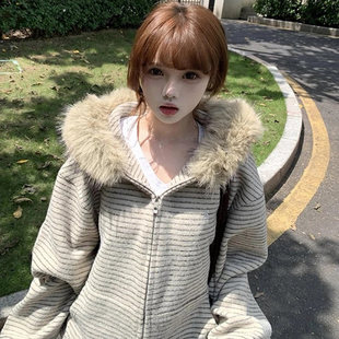 美式拉链毛领开衫外套女秋冬季复古风长袖设计感小众休闲连帽卫衣