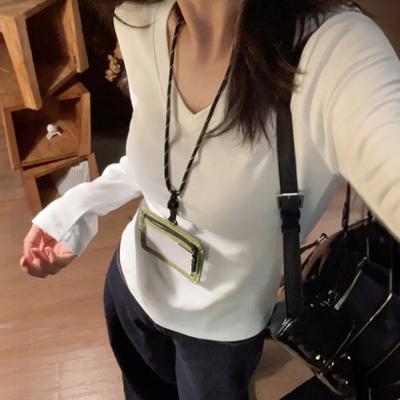 白色v领正肩长袖t恤女春秋季
