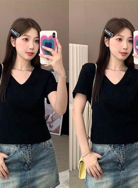 300斤大码女装胖m韩版遮肉夏季新款甜辣妹正肩V领显瘦短袖上衣t恤