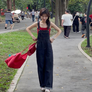 慵懒风宽松直筒阔腿裤 美式 小个子2025新款 女夏季 子 复古牛仔背带裤