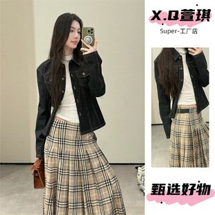 韩里韩气的藏青色修身正肩牛仔外套女早秋2025新款休闲夹克短上衣