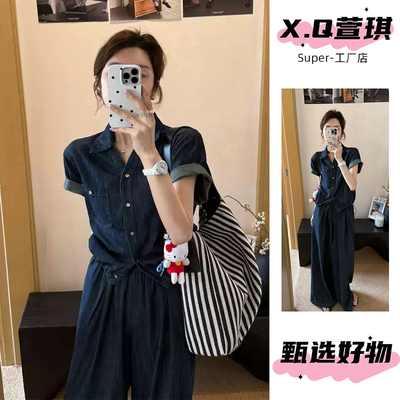 牛仔短袖套装衬衫休闲直筒两件套