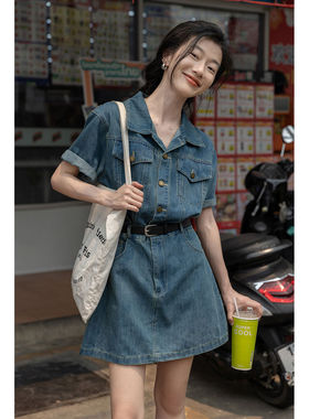 2026年春夏季新款港味复古牛仔连衣裙女短裙套装小个子牛仔连体裙