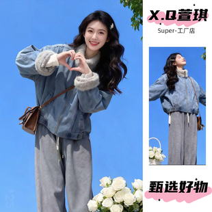 冬衣牛仔休闲风加毛加厚毛领拉链棉服女冬季新款减龄拼接牛仔外套