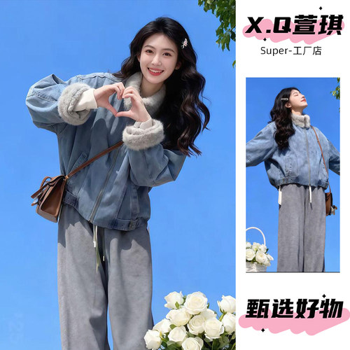 冬衣牛仔休闲风加毛加厚毛领棉服