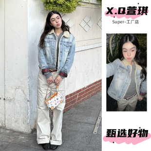 萱琪牛仔XUANQI宅女同款羊羔绒夹棉牛仔水洗复古棉服夹克外套女冬