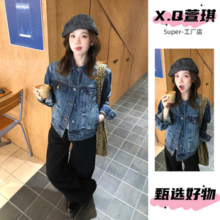 萱琪牛仔XUANQI新春韩版 翻领宽松休闲百搭夹克上衣 牛仔外套女短款