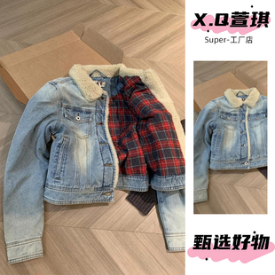 萱琪牛仔XUANQI正确版宅女羊羔绒夹棉牛仔水洗复古棉服夹克外套