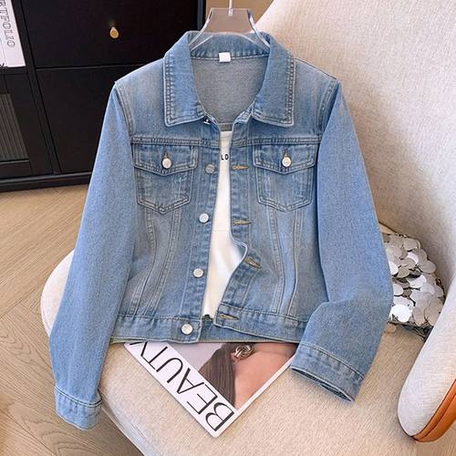 复古蓝色短款百搭长袖牛仔外套女