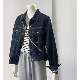 深蓝色春秋新款夹克开衫2025年时尚牛仔短款外套韩系复古休闲上衣