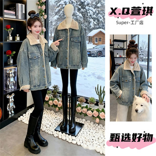 加绒加厚牛仔羊羔毛外套女2025冬季新款爆款皮毛一体短款派克棉服