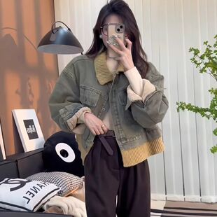 高级感黄绿色加绒牛仔外套女短款秋冬新款设计感针织拼接夹克棉衣