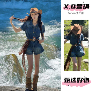 大西北旅游风穿搭高腰牛仔连体裤女夏季薄款翻领短袖显瘦百搭短裤