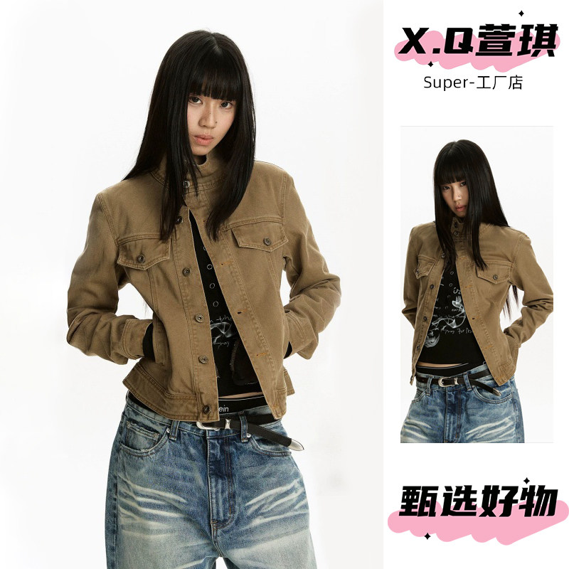 美式斜门襟设计感立领牛仔外套女图片